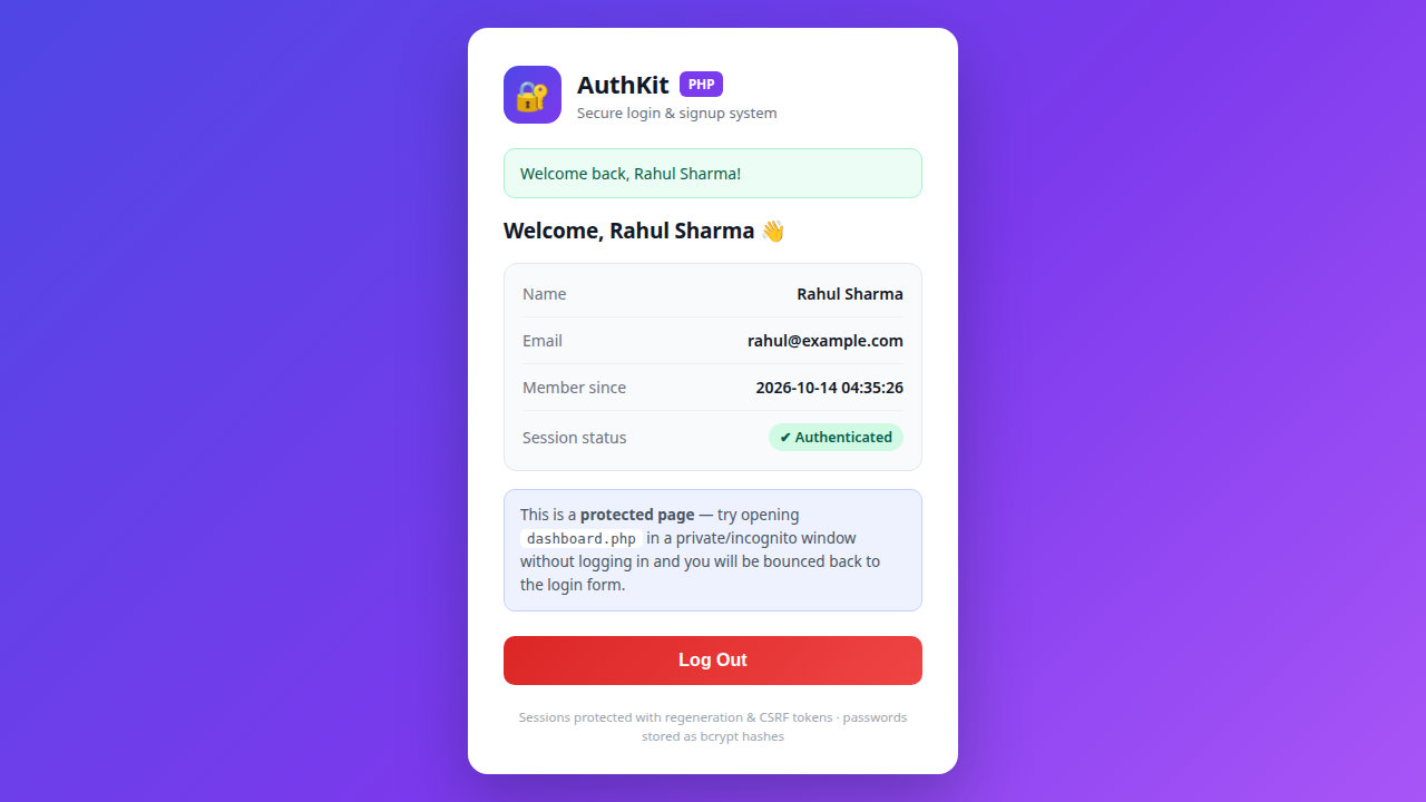 AuthKit PHP — Secure Login & Signup System with bcrypt, CSRF & Session Protection
