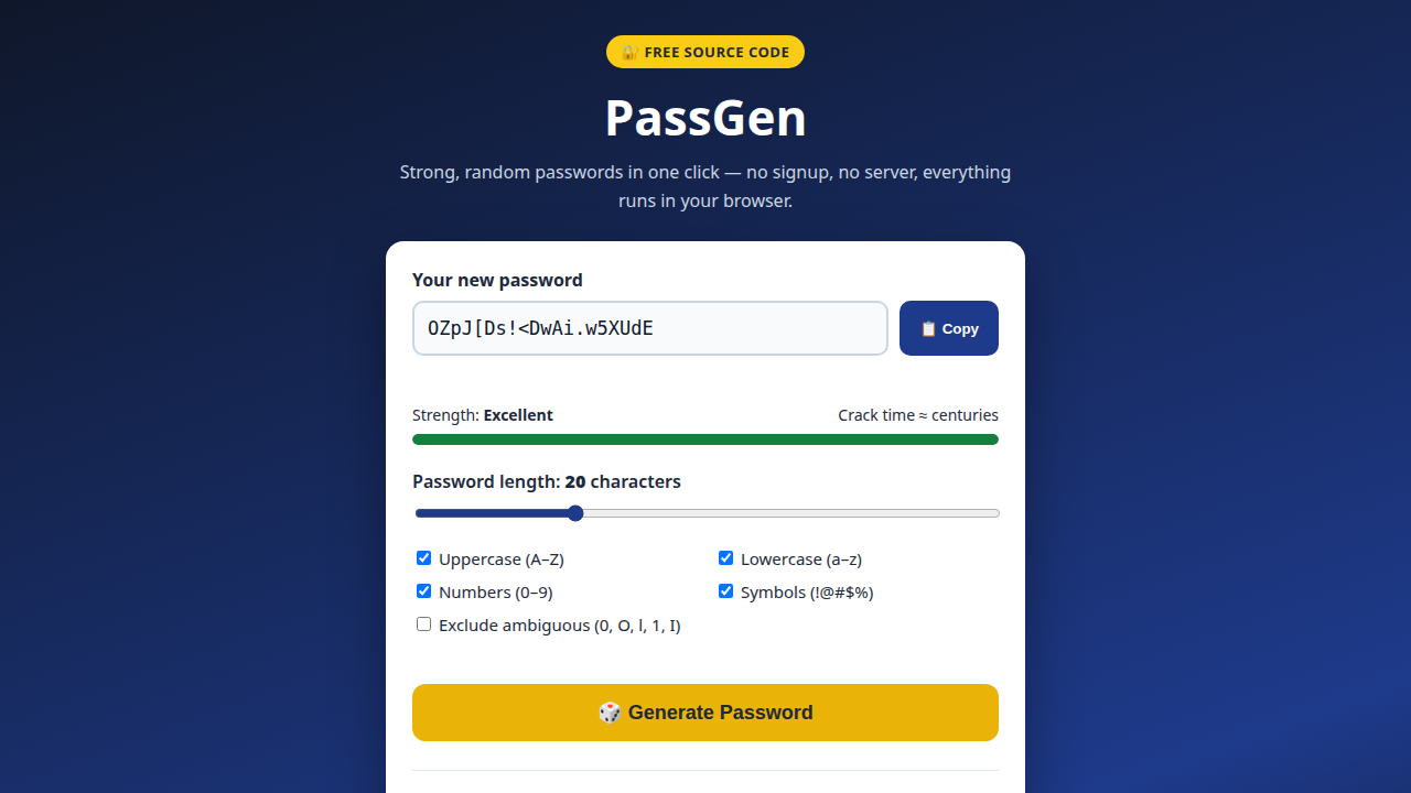 Password Generator — Strong Random Password Maker with Strength Meter (HTML/CSS/JS)