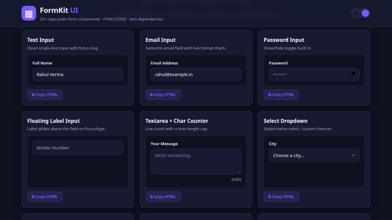 FormKit UI — Form & Input Component Library (HTML/CSS/JS)