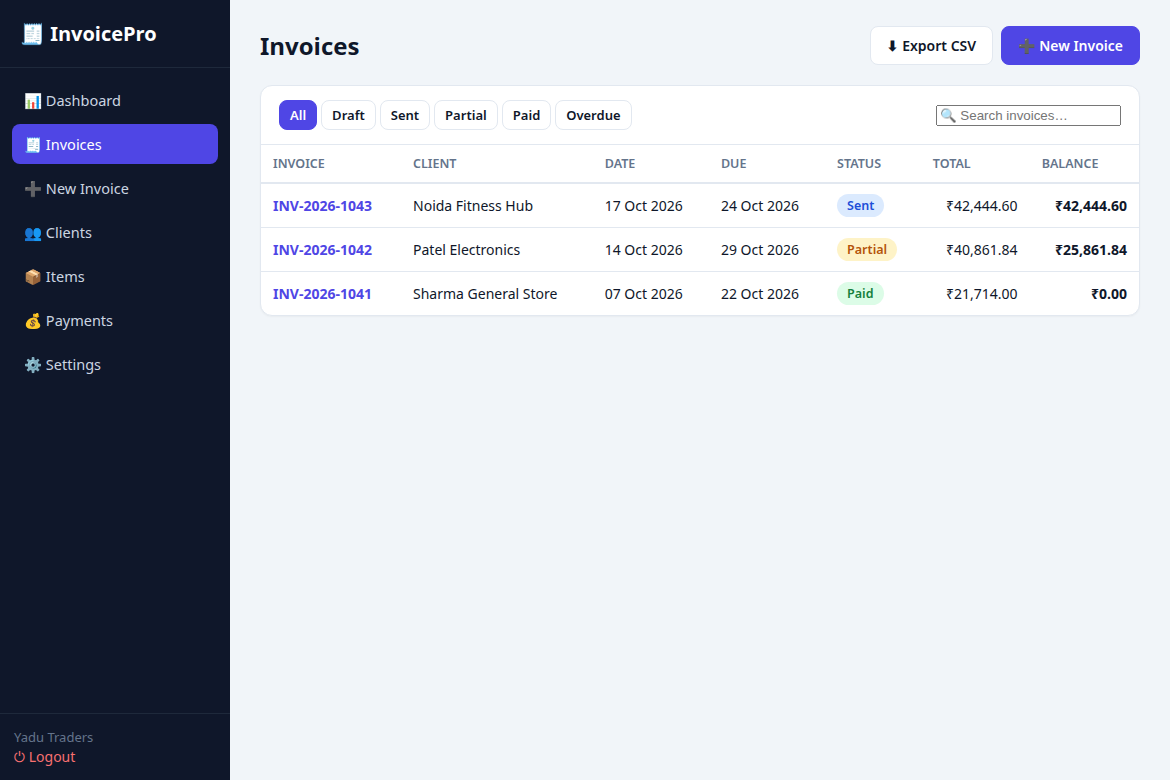 Invoice list with status filters