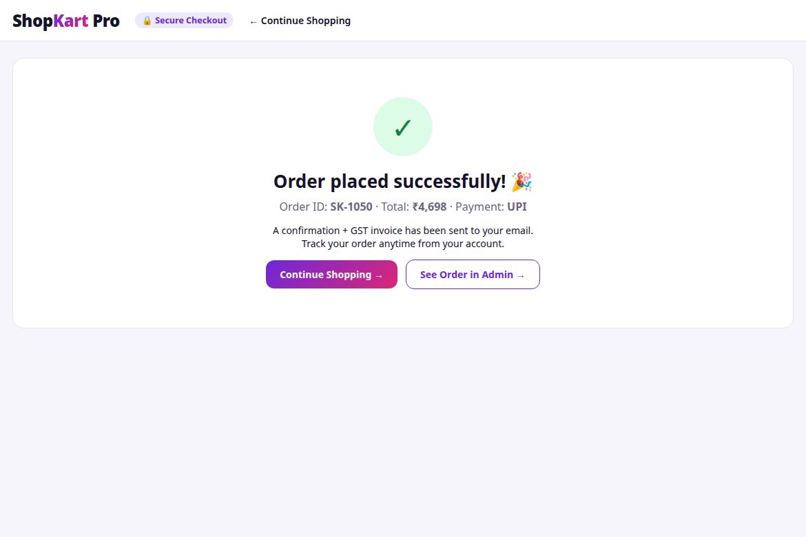 ShopKart Pro order success screen