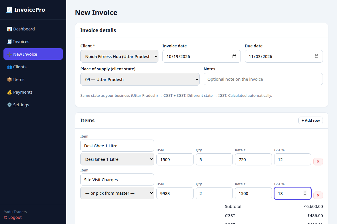 Create invoice form with live GST totals