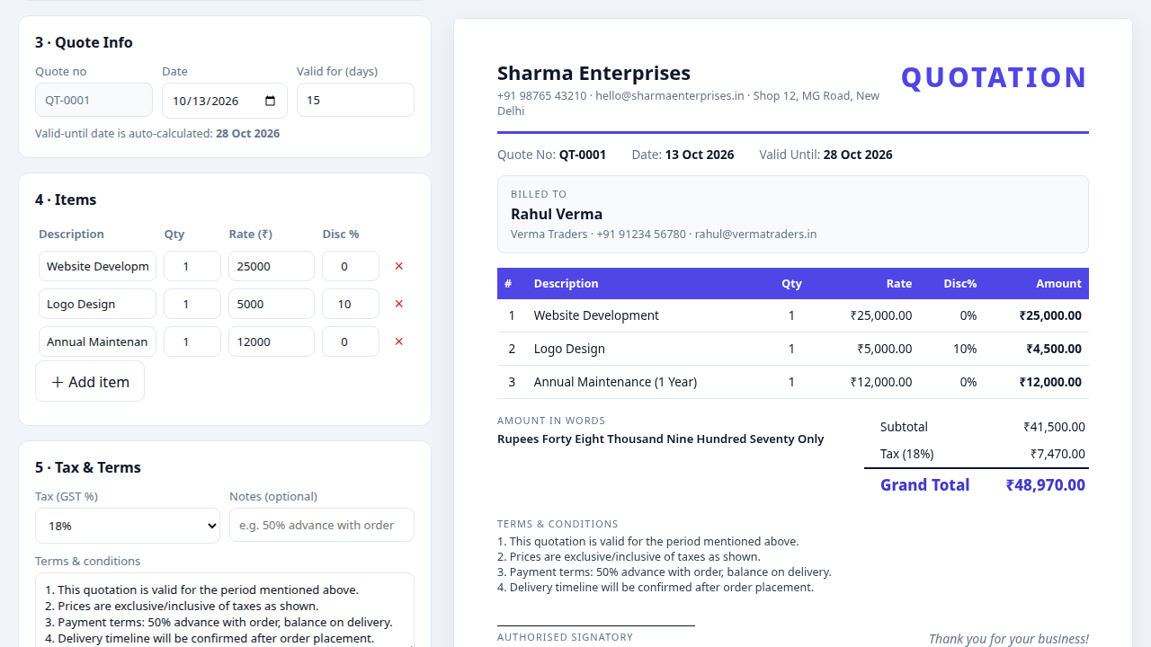 Quotation Generator — Create Professional Quotations & Estimates (HTML/CSS/JS)