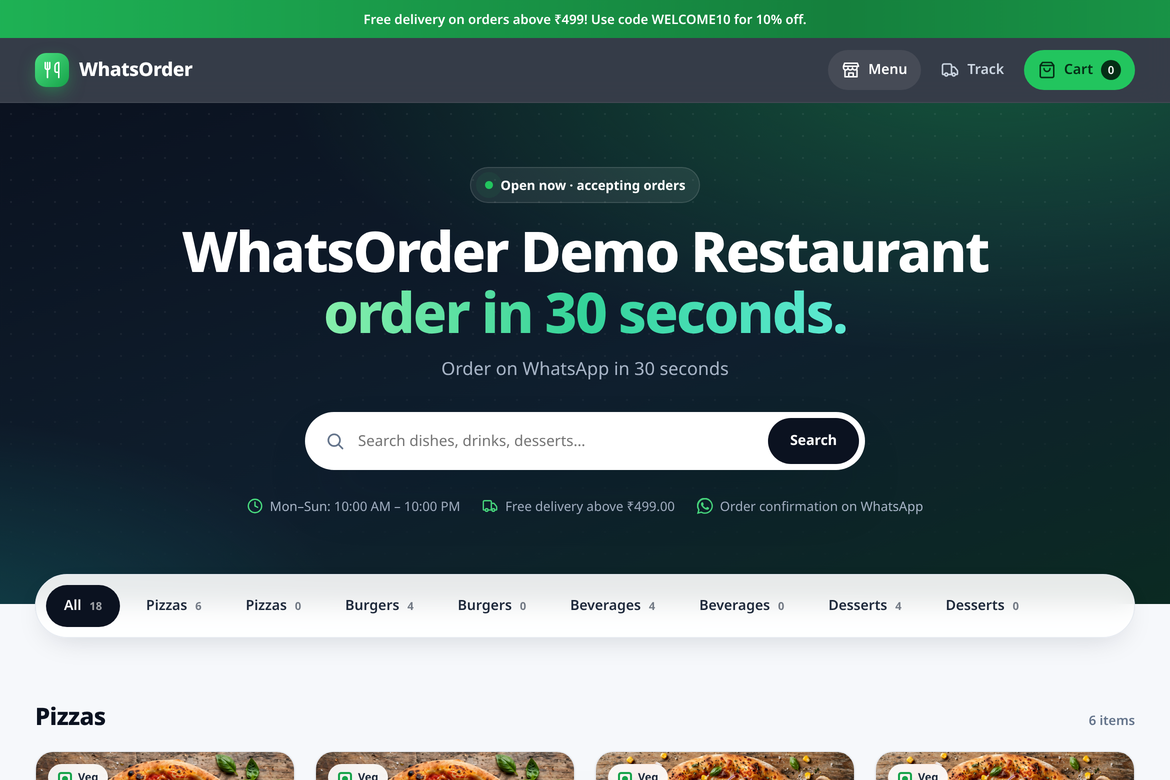 WhatsOrder — WhatsApp Ordering System for Restaurants, Cafes & Local Businesses (PHP + MySQL)