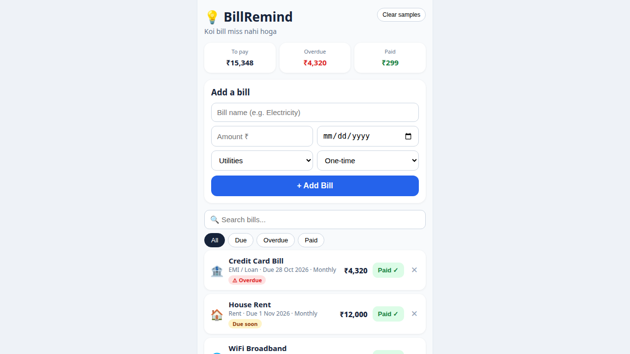 Mobile Bill Reminder — Bill Due Tracker & Payment Reminder App (PWA)