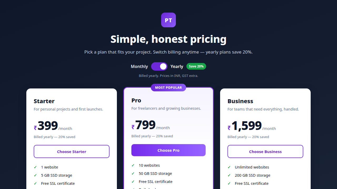 Pricing Table UI Kit — Responsive Pricing Cards with Monthly/Yearly Toggle (HTML/CSS/JS)