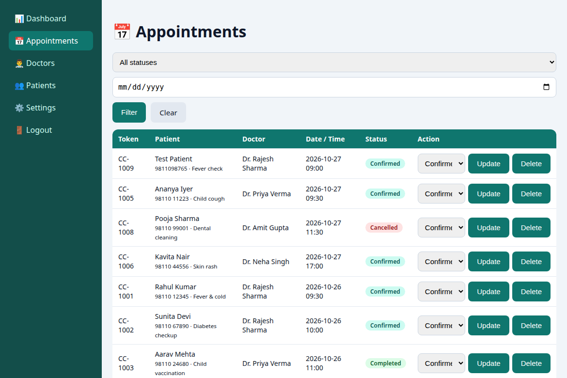 Appointment management with status filters