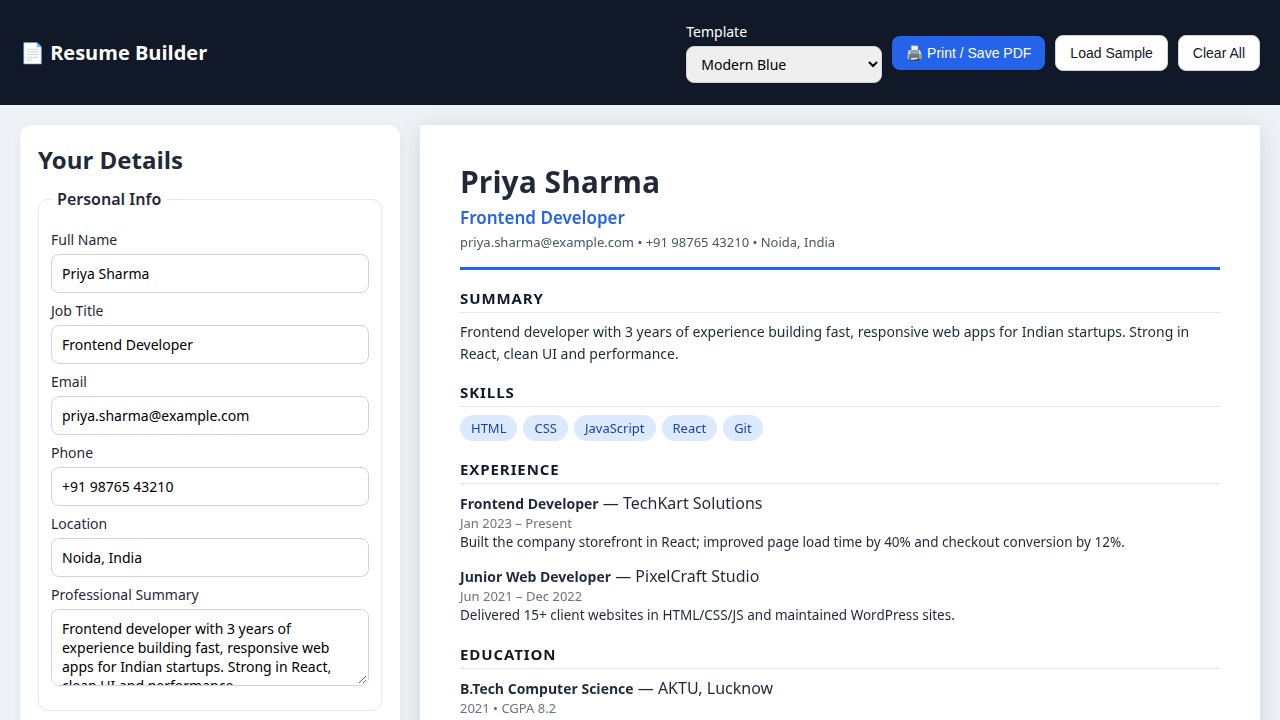 Resume Builder — Free Online CV Maker with Live Preview (HTML/CSS/JS)