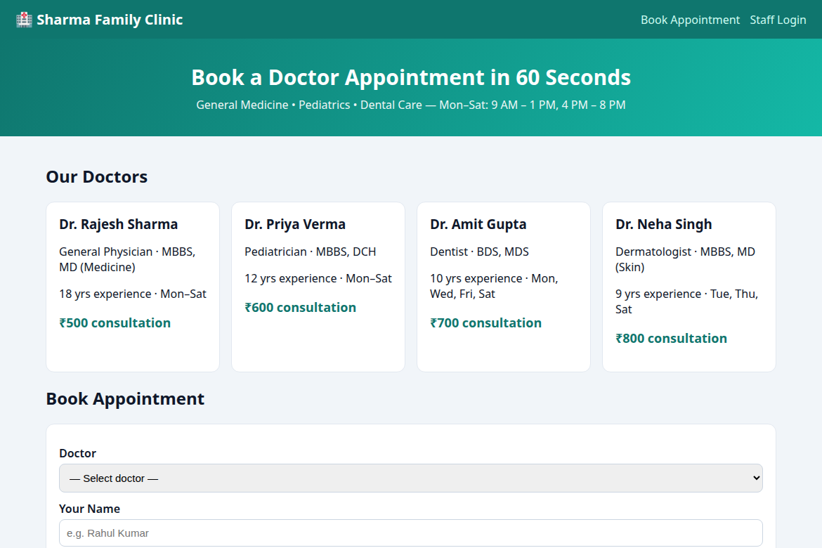 ClinicCare public booking page with doctor list and booking form