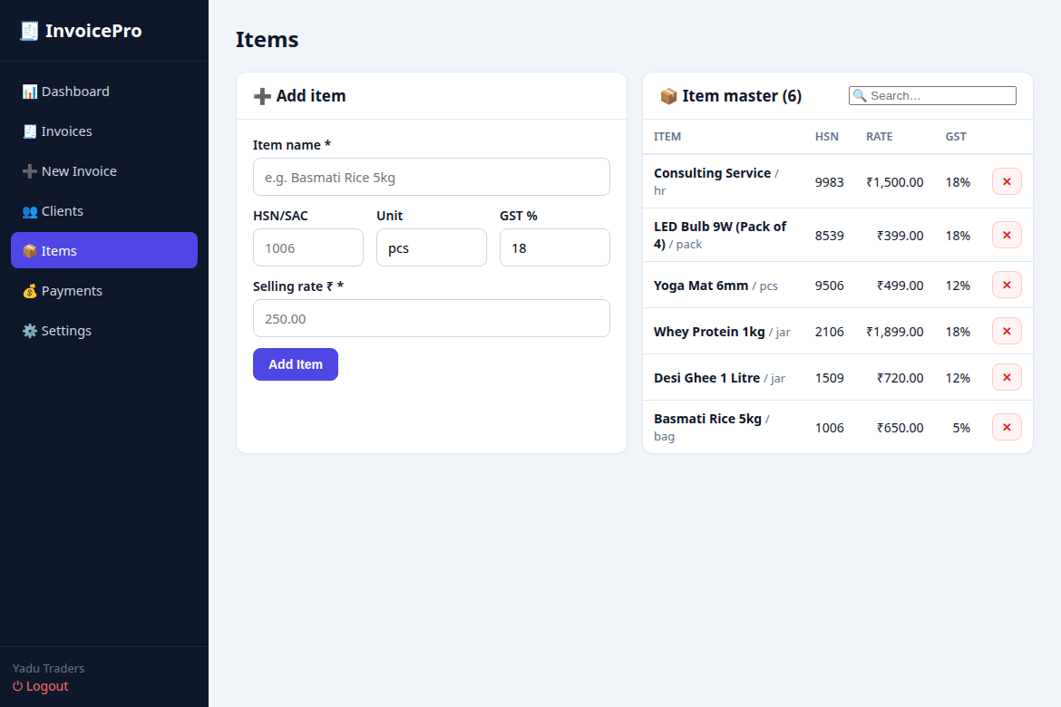 Item master with HSN and GST rates