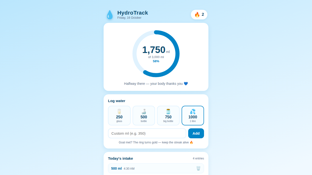 Mobile Water Tracker — Daily Hydration Reminder & Goal Tracker (PWA)