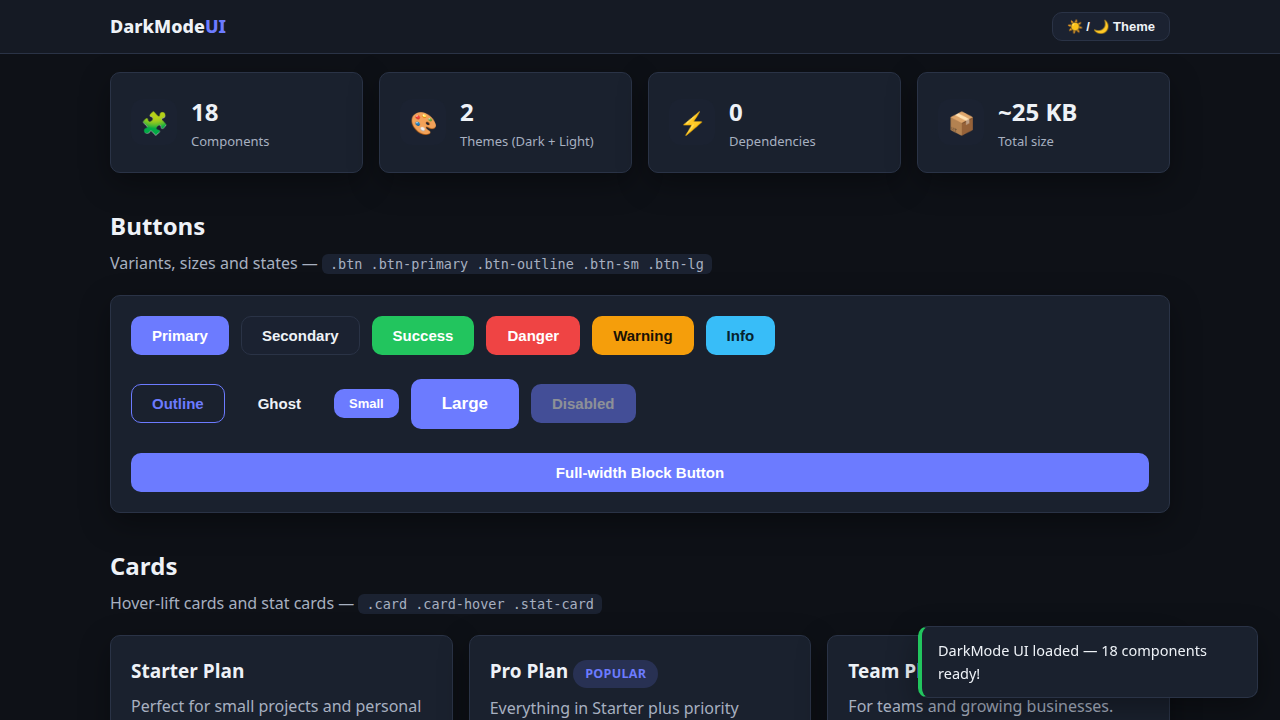 DarkMode UI — Component Kit with Dark & Light Theme (HTML/CSS/JS)