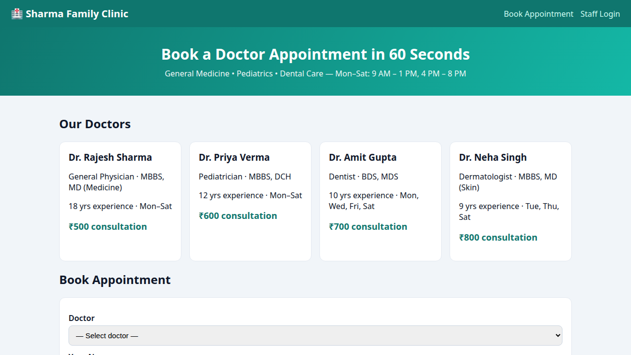 ClinicCare — Doctor Appointment Booking & Clinic Management System (PHP + SQLite)