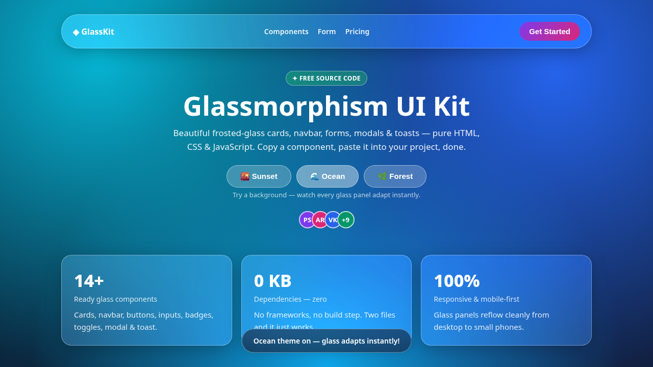 Glassmorphism UI Kit — Glass Cards, Navbar, Forms, Modals & Toasts (HTML/CSS/JS)